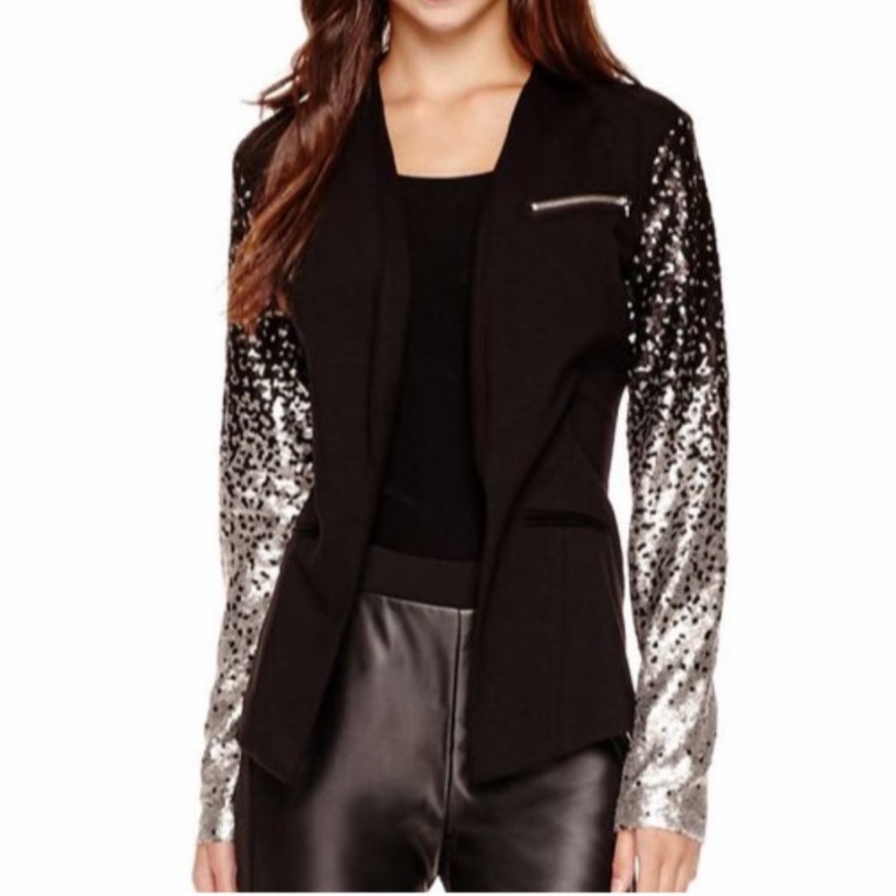 I Heart Ronson NEW Sequin Sleeves Blazer Black Silver Large Business Casual Chic